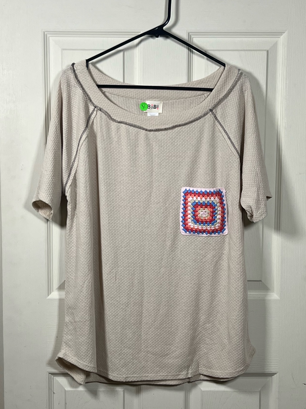 Bibi Waffle Knit Top Crochet Pocket Oatmeal Beige Short Sleeve Nwot